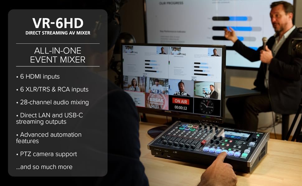 Livestream; VR-50HDMK2; VR-120HD; V-160HD; SR-20HD; ATEM MINI; Behringer; Yamaha; Compact; Twitch;
