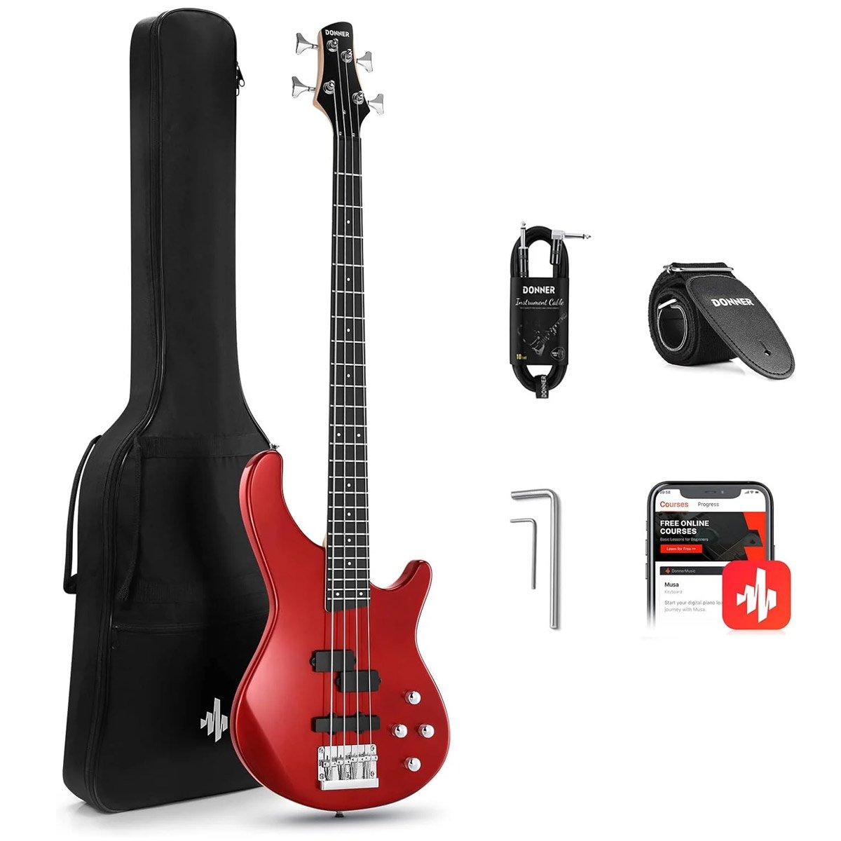DPJ-100R Donner DPJ 100R 4 String PJ Style Electric Bass Full Size for Beginner with Bag, Guitar Strap, Guitar Cable, Red - Gambar 1