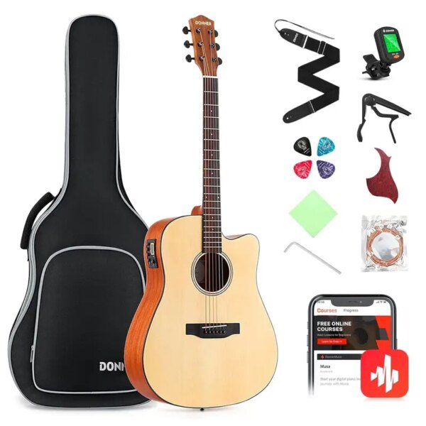 Donner DAG 1CE Electric Acoustic Guitar Cutaway Bundle with Bag Strap Tuner String