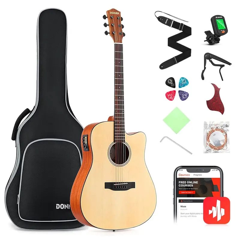 Donner DAG 1CE Electric Acoustic Guitar Cutaway Bundle with Bag Strap Tuner String