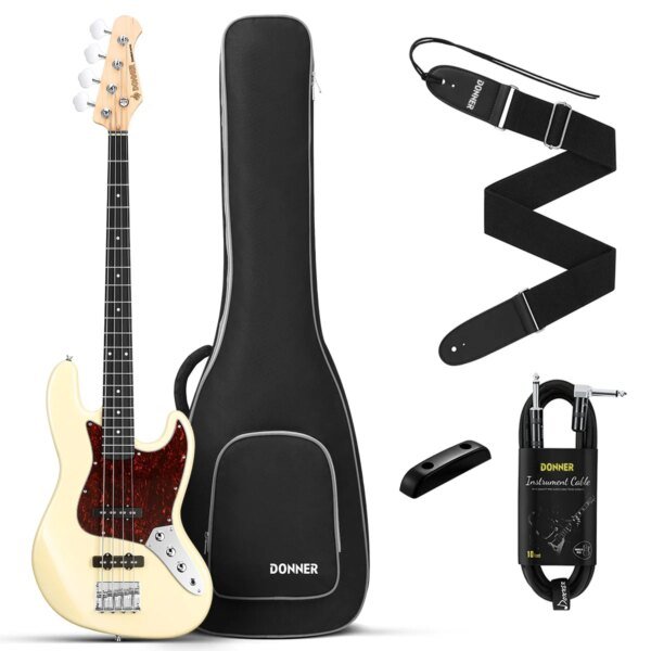 Donner DJB 510B 4 Strings Standard Bass JB Style Beginner Kit White with Gig Bag, Guitar Strap
