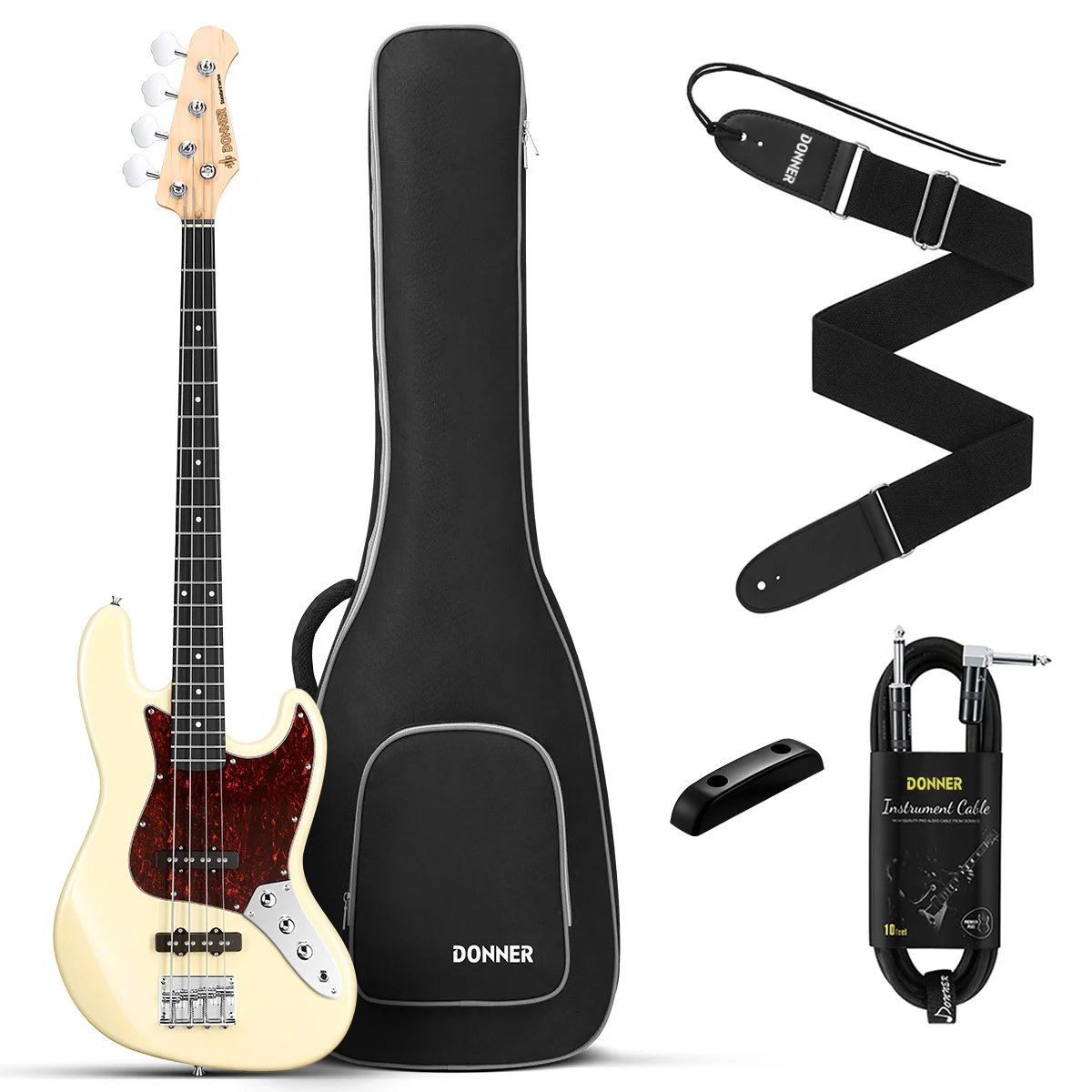 Donner DJB 510B 4 Strings Standard Bass JB Style Beginner Kit White with Gig Bag, Guitar Strap