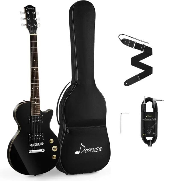 Donner DLP 124B Solid Body Electric Guitar Kit Black, with Bag, Strap, Cable, for Beginner