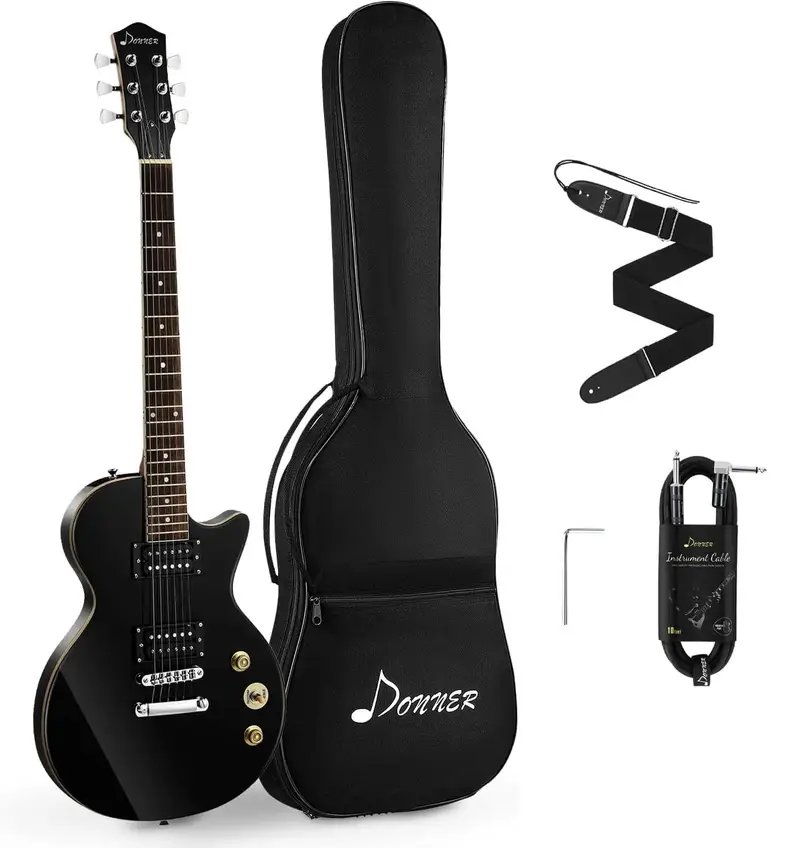 Donner DLP 124B Solid Body Electric Guitar Kit Black, with Bag, Strap, Cable, for Beginner