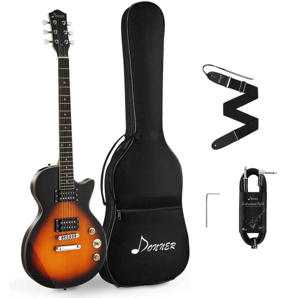 Donner DLP 124S Les Paul Body Electric Guitar Kit Sunburst Yellow, with Mini 3 Watt Electric Guitar Amp