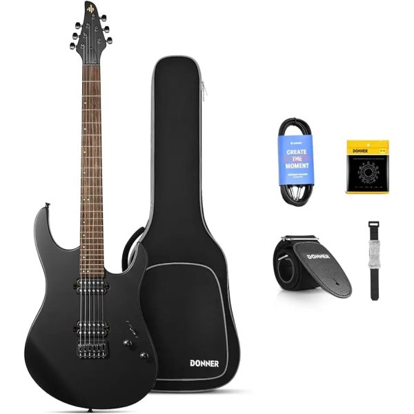 Donner DMT 100B Solid Body Electric Guitar, Black Matte Finish for Beginner Kits with Bag, Strap, Cable