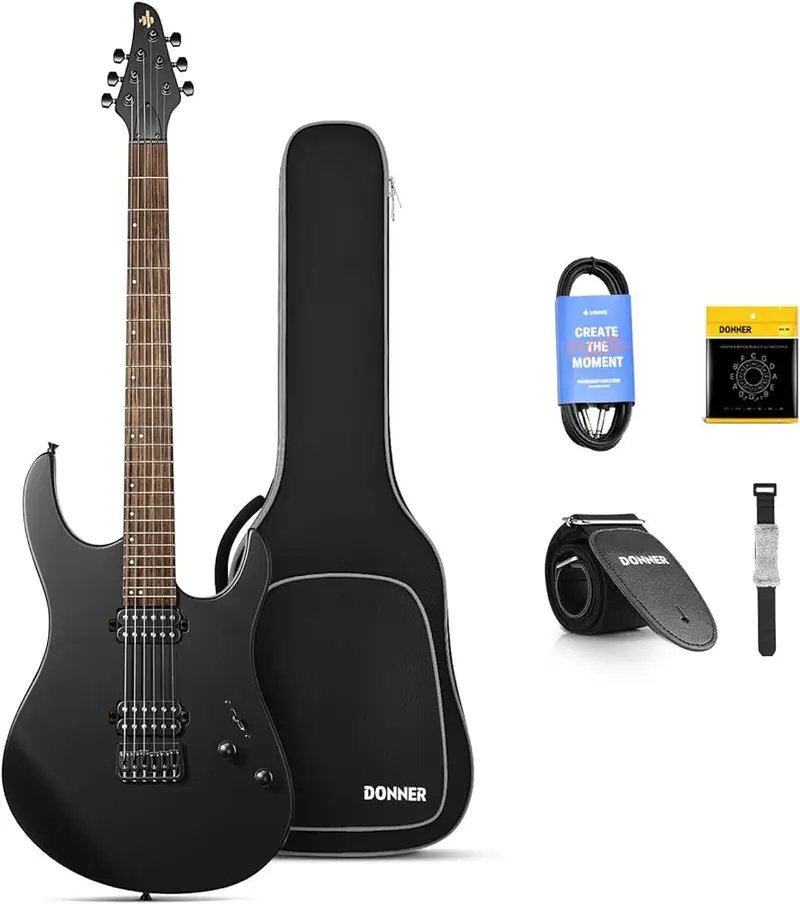 Donner DMT 100B Solid Body Electric Guitar, Black Matte Finish for Beginner Kits with Bag, Strap, Cable