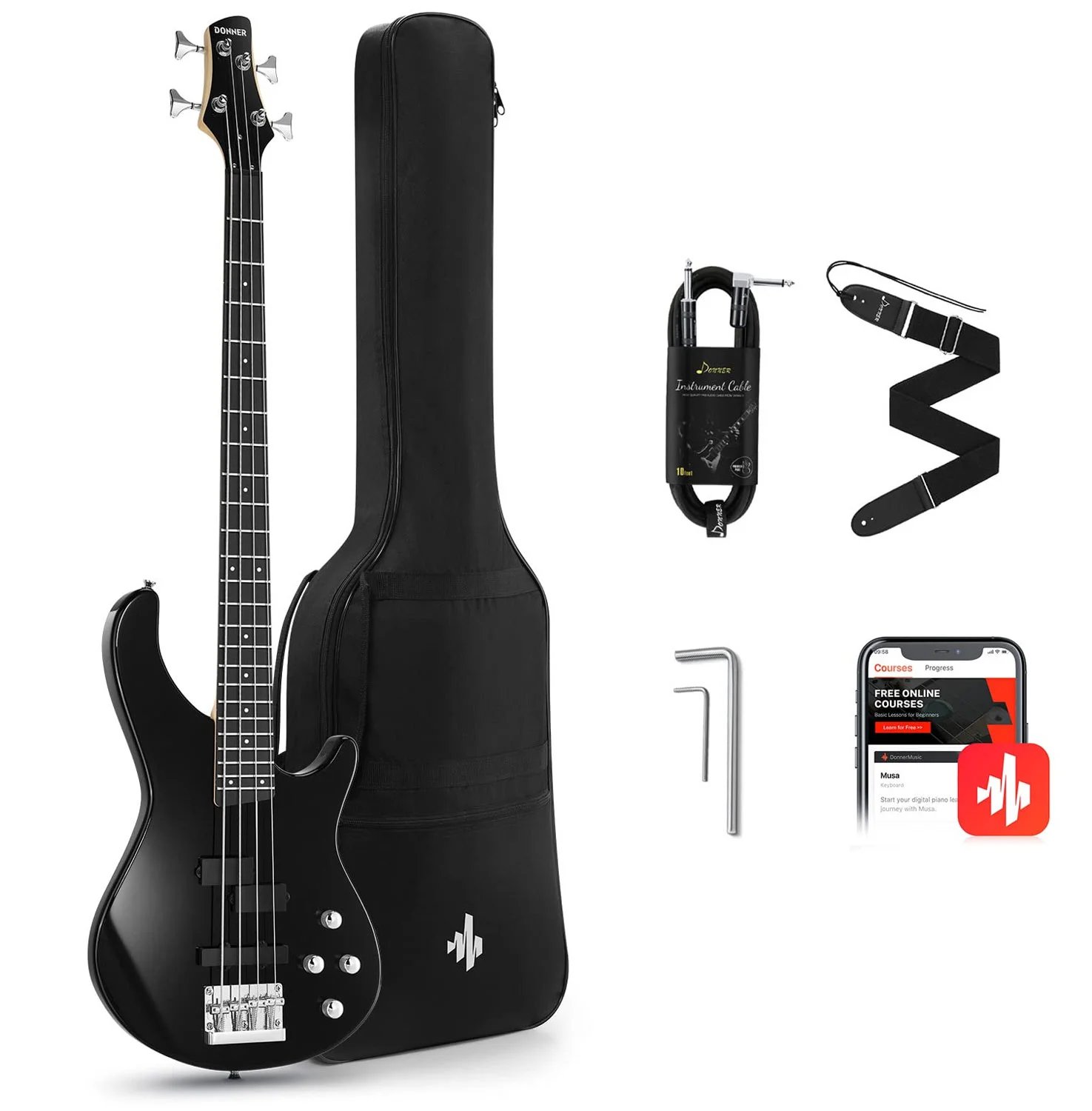 Donner DPJ 100B 4 String PJ Style Electric Bass Full Size for Beginner with Bag, Guitar Strap, Guitar Cable, Black