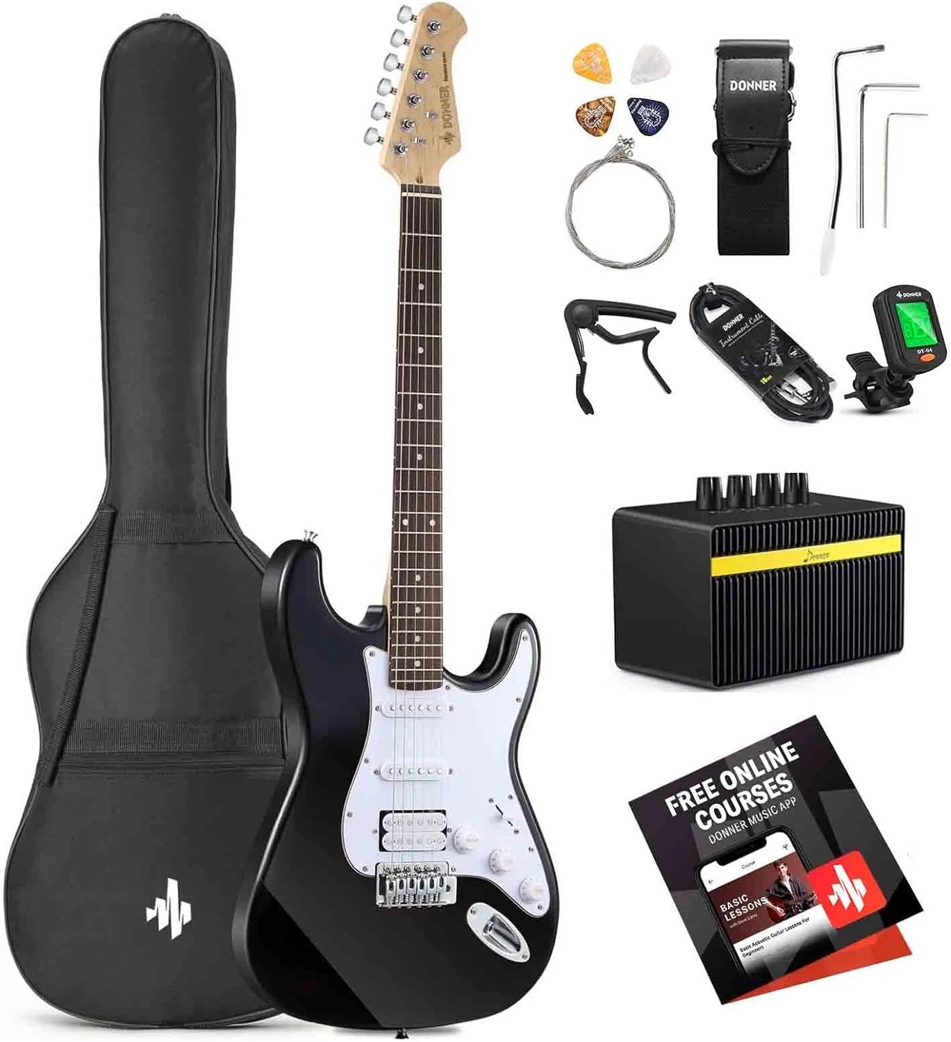 Donner DST 100B Electric Guitar for Beginner Kit Black Solid Body HSS Pick Up with All Accessories