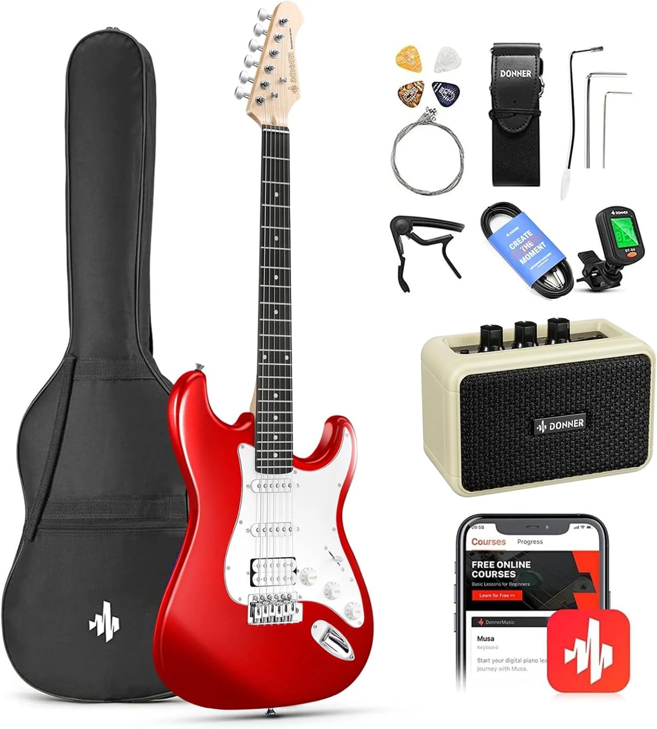 Donner DST 100R Sonic Red Electric Guitar Kit with Amplifier, Bag, Tuner