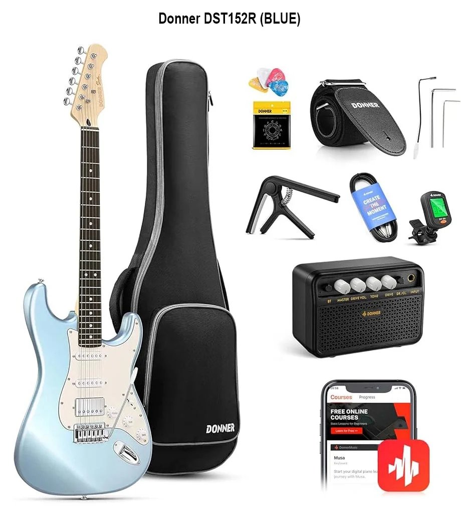 Donner DST 152R Blue Electric Guitar Kit HSS Pickup Coil with Amplifier, Bag, Accessories