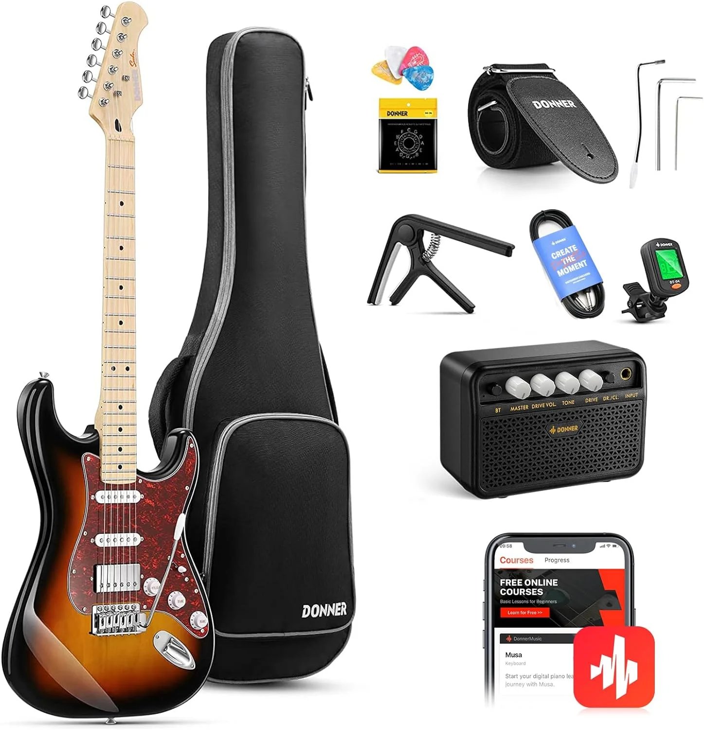 Donner DST 152S Sunburst Electric Guitar Kit HSS Pickup Coil with Amplifier, Bag, Accessories