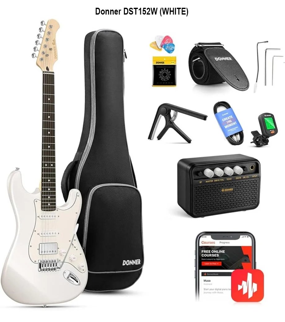 Donner DST 152W White Electric Guitar Kit HSS Pickup Coil with Amplifier, Bag, Accessories