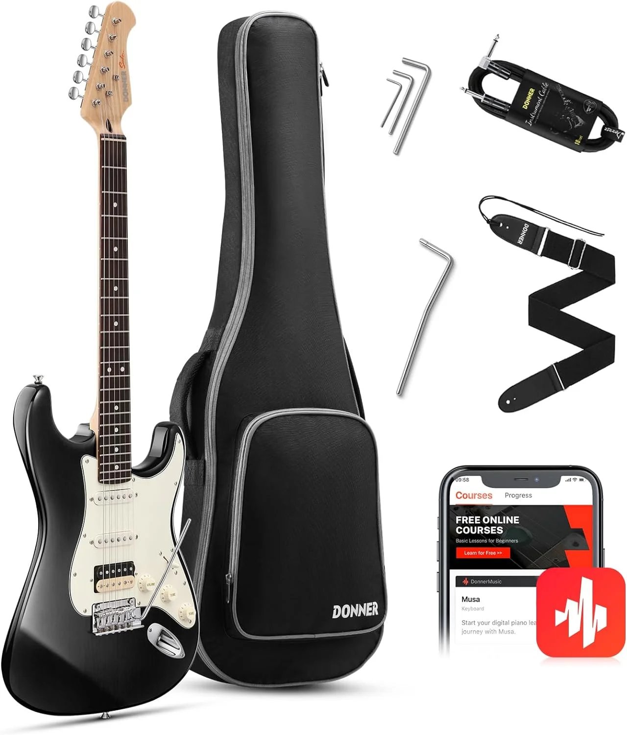 Donner DST 400D Solid Alder Body Electric Guitar Single Coil with Bag, Cable, Strap