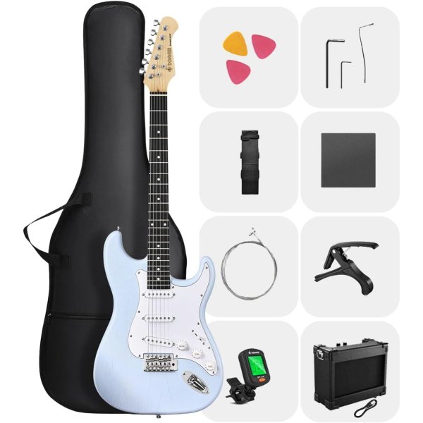 Donner DST 80 Classic SSS Pickup Electric Guitar Complete, Sonic Blue