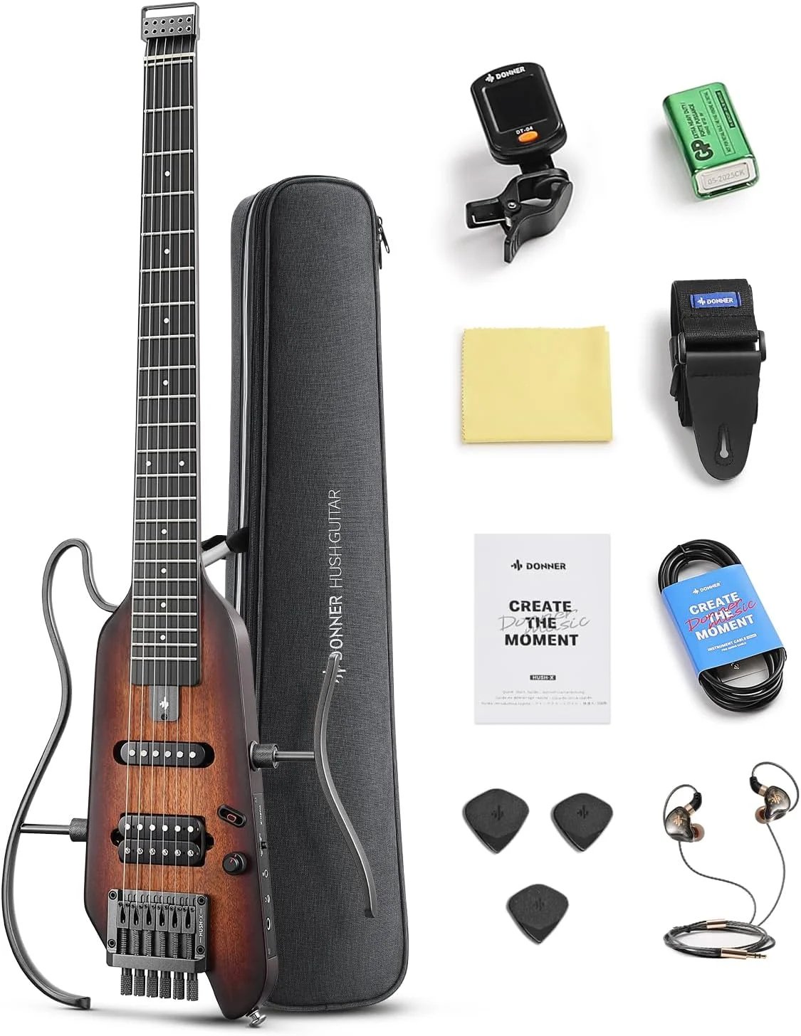 Donner HUSH X Electric Guitar Headless Kit for Travel, Sunburst