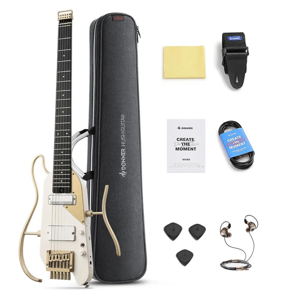 Donner HUSH X PRO Smart Travel Guitar Headless Versatile Preset, White Luxe