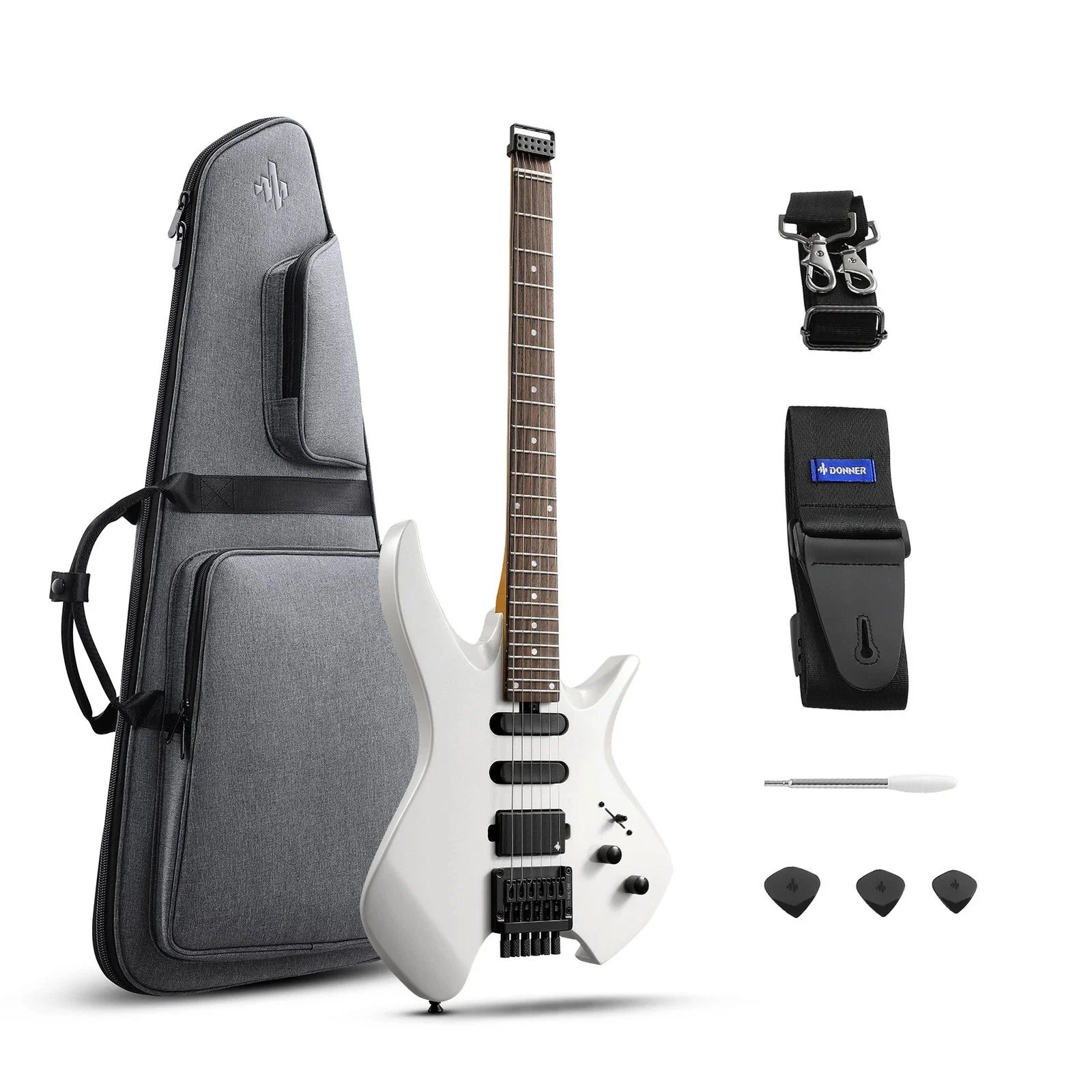 Donner NHL-500 HSS Solid Body Electric Guitar Headless with Gig Bag, White