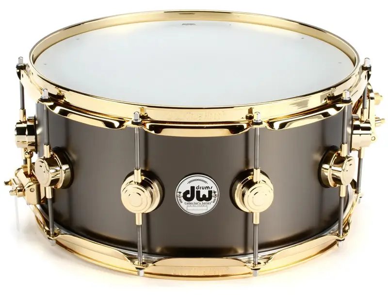 DW Collector's DRVD6514SVGBK Satin Black Over Brass 14x6.5 inch Snare Drum, Gold Hardware