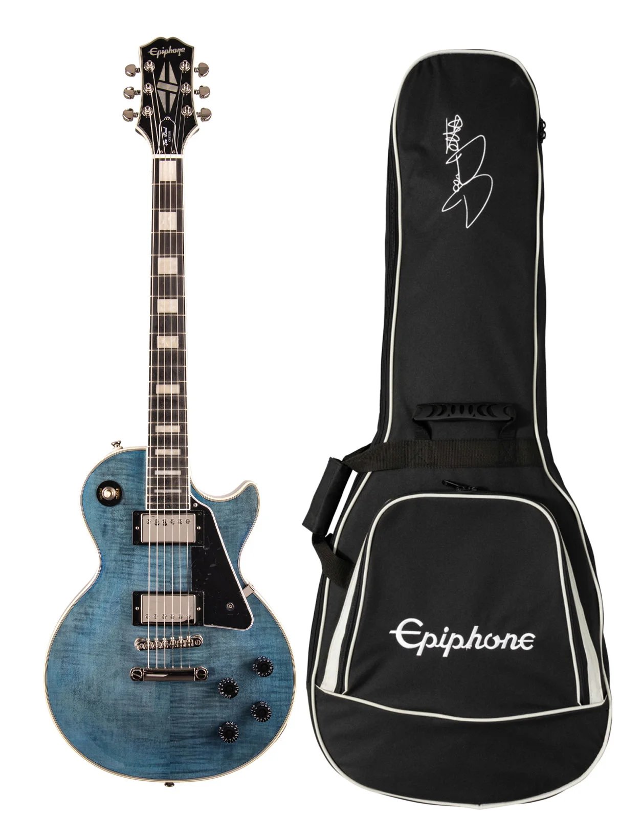 Epiphone Les Paul Custom Figured Electric Guitar with Premium Gig Bag, Transparent Blue 