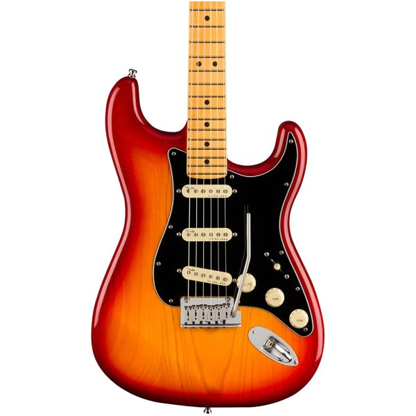 Fender American Ultra Luxe Stratocaster Electric Guitar, Maple FB, Plasma Red Burst