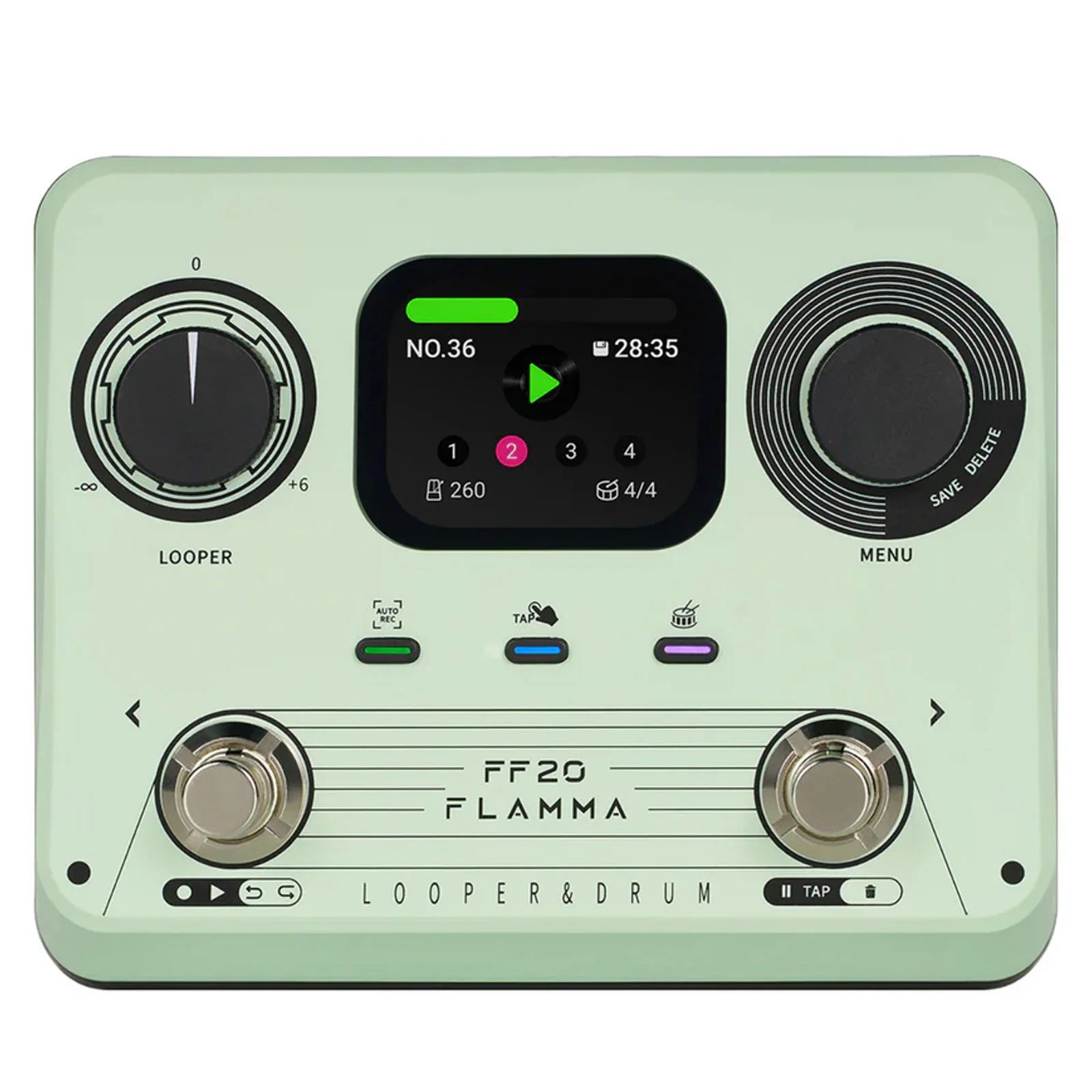 FLAMMA FF20 Stereo Dual Footswitch Looper Drum Machine Pedal, Mint Green
