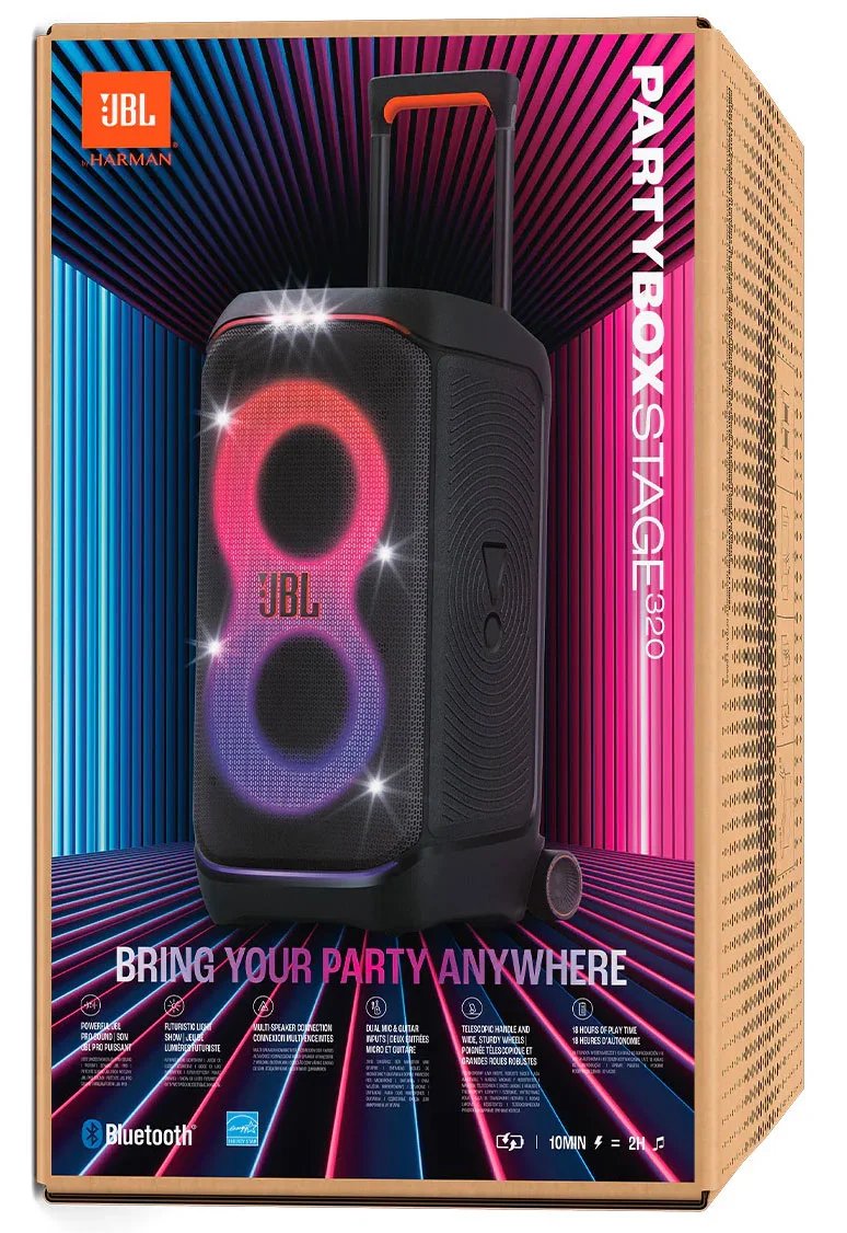 JBL PartyBox Stage 320 Bluetooth Speaker with Telescopic Handle & Wide Sturdy Wheels