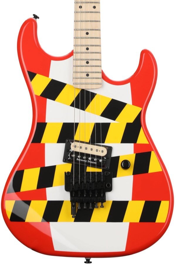 Kramer Baretta Custom Graphics Danger Zone Electric Guitar, Warning Tape on White Red