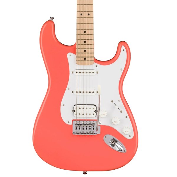 Squier Sonic Stratocaster HSS Electric Guitar w/White Pickguard, Maple FB, Tahitian Coral