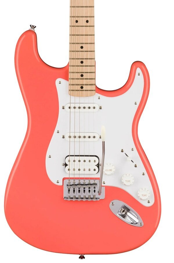 Squier Sonic Stratocaster HSS Electric Guitar w/White Pickguard, Maple FB, Tahitian Coral