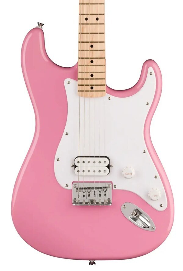 Squier Sonic Stratocaster HT H Electric Guitar w/White Pickguard, Maple FB, Flash Pink