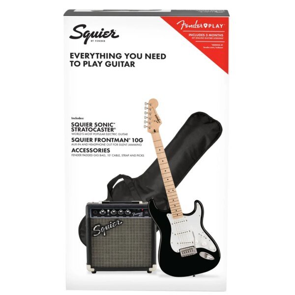 Squier Sonic Stratocaster Pack w/Gig Bag, Maple FB, 10G, 230V EU, Black